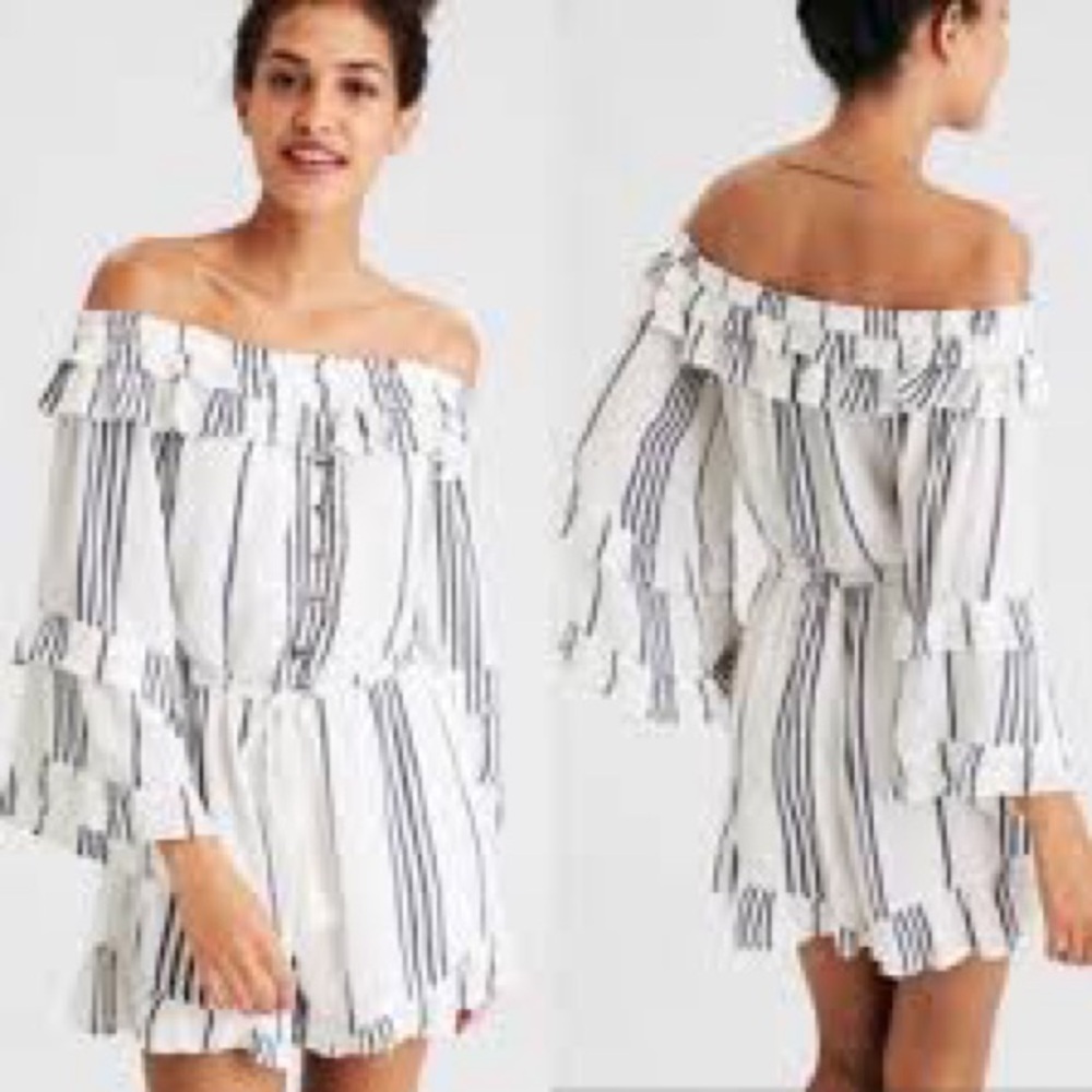 American Eagle Outfitters Off-Shoulder Striped Jumpsuit - White and Blue